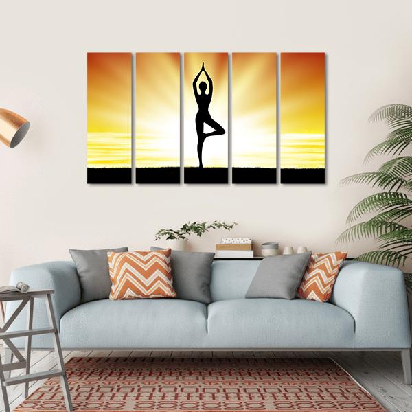Woman Practice Yoga At Beach During Sunset Canvas Wall Art-5 Horizontal-Gallery Wrap-22" x 12"-Tiaracle