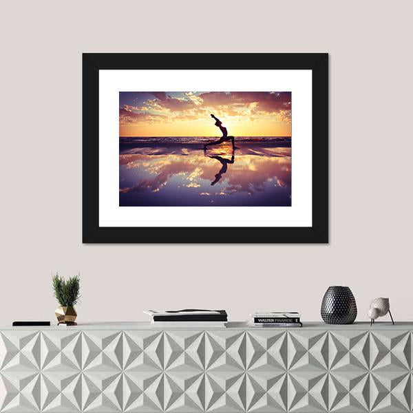 Woman Practicing Yoga At Sunset Panoramic Canvas Wall Art-1 Piece-36" x 12"-Tiaracle