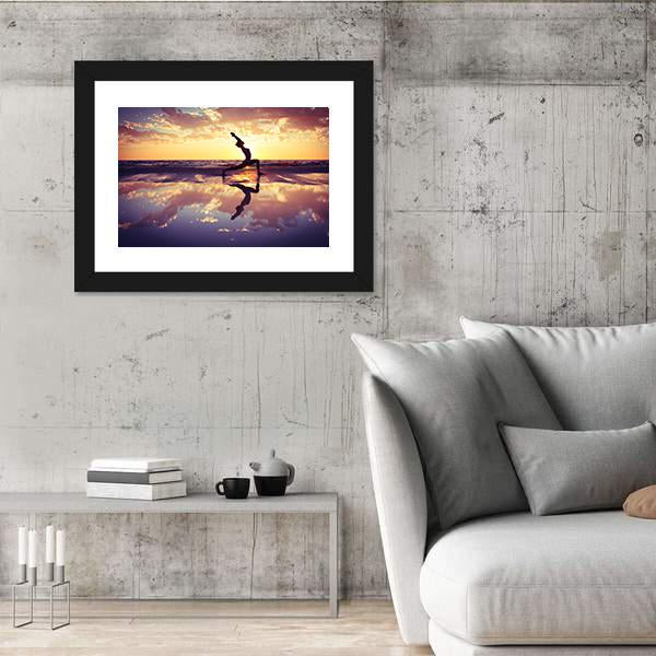 Woman Practicing Yoga At Sunset Panoramic Canvas Wall Art-1 Piece-36" x 12"-Tiaracle