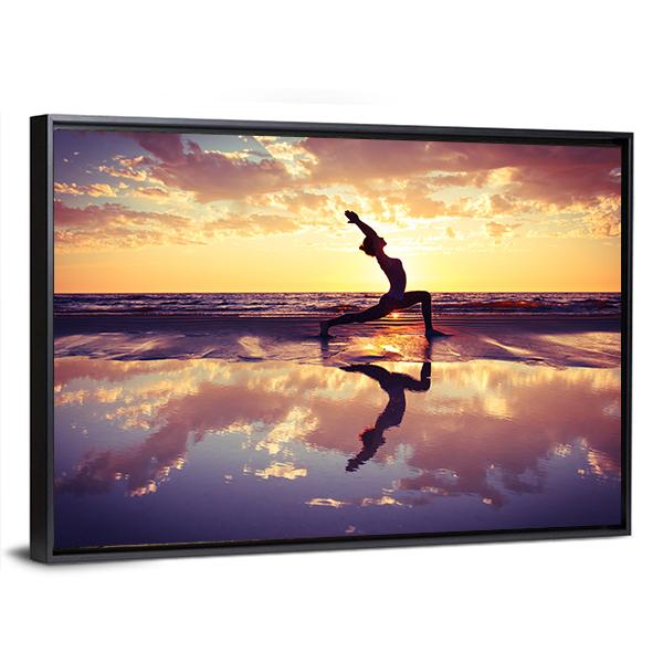 Woman Practicing Yoga At Sunset Panoramic Canvas Wall Art-1 Piece-36" x 12"-Tiaracle