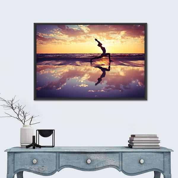 Woman Practicing Yoga At Sunset Panoramic Canvas Wall Art-1 Piece-36" x 12"-Tiaracle