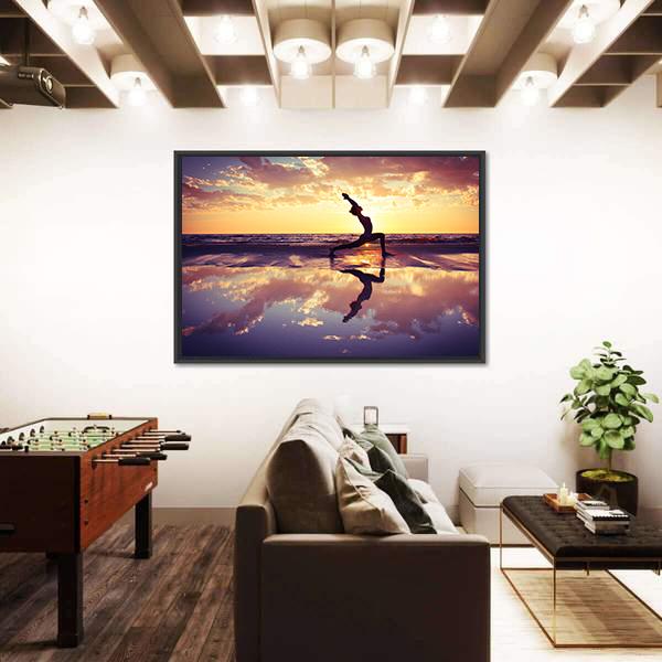 Woman Practicing Yoga At Sunset Panoramic Canvas Wall Art-1 Piece-36" x 12"-Tiaracle