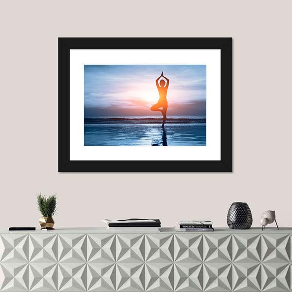 Woman Practicing Yoga At The Beach Canvas Wall Art-1 Piece-Framed Print-20" x 16"-Tiaracle