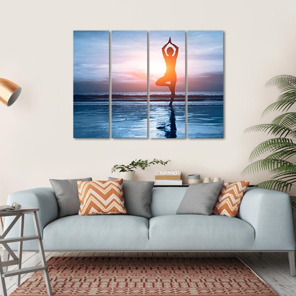 Woman Practicing Yoga At The Beach Canvas Wall Art-4 Horizontal-Gallery Wrap-34" x 24"-Tiaracle