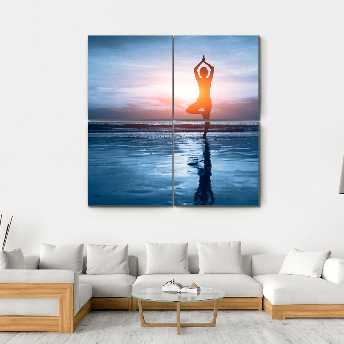 Woman Practicing Yoga At The Beach Canvas Wall Art-4 Square-Gallery Wrap-17" x 17"-Tiaracle