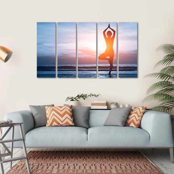 Woman Practicing Yoga At The Beach Canvas Wall Art-5 Horizontal-Gallery Wrap-22" x 12"-Tiaracle