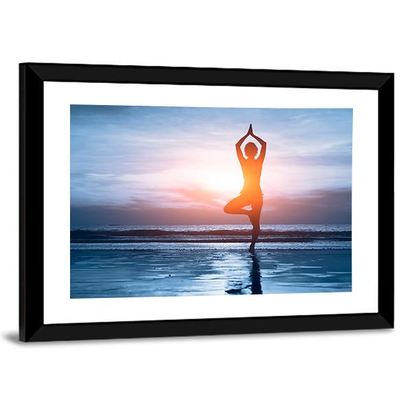 Woman Practicing Yoga At The Beach Canvas Wall Art-3 Horizontal-Gallery Wrap-25" x 16"-Tiaracle