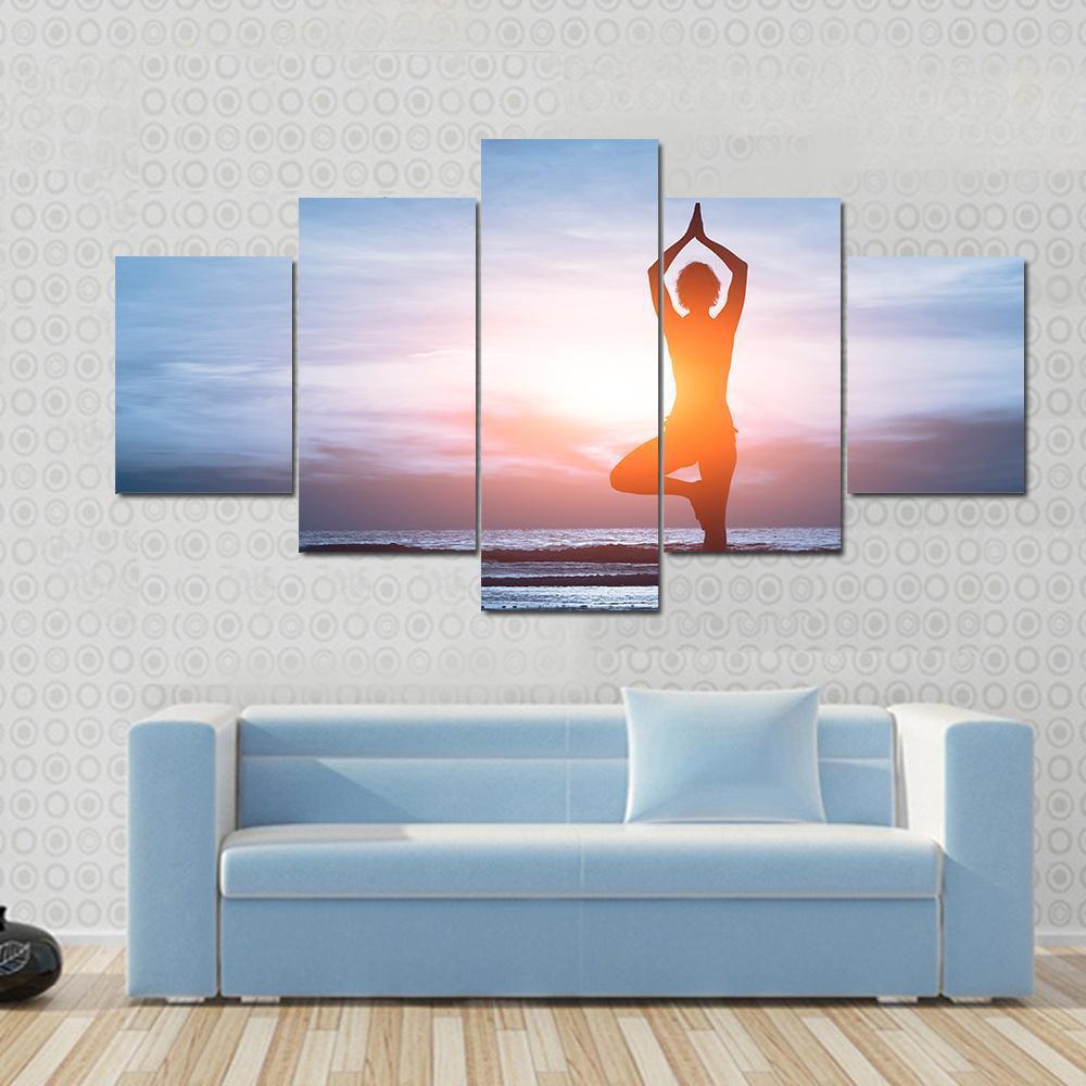 Woman Practicing Yoga At The Beach Canvas Wall Art-5 Star-Gallery Wrap-62" x 32"-Tiaracle