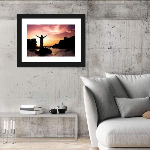 Woman Silhouette After Success Canvas Wall Art-3 Horizontal-Gallery Wrap-25" x 16"-Tiaracle
