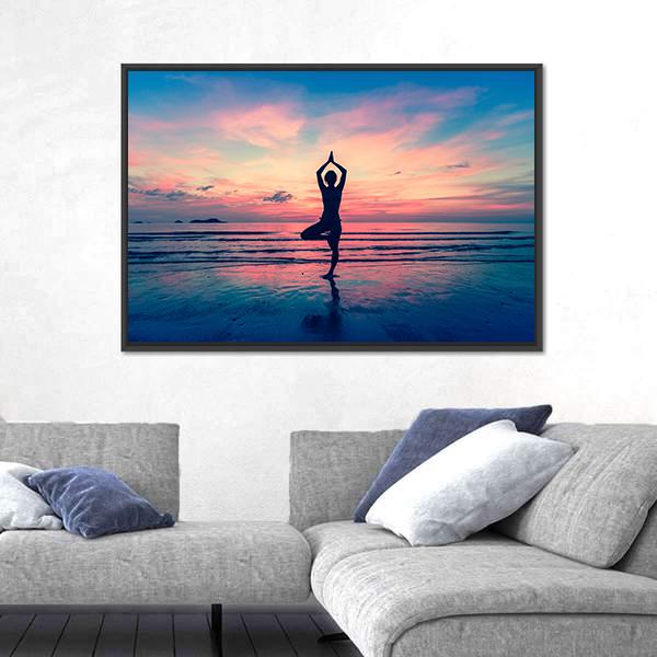 Woman Standing At Yoga Pose Panoramic Canvas Wall Art-1 Piece-36" x 12"-Tiaracle