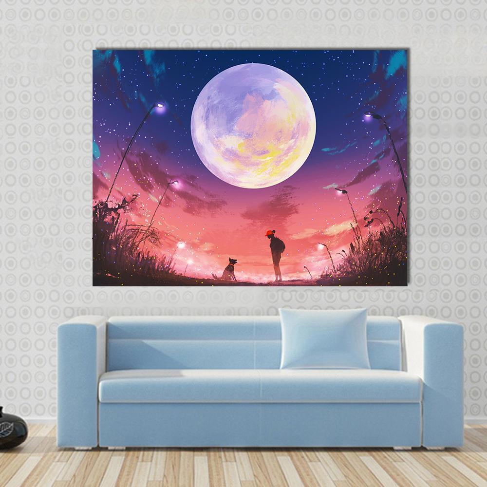 Woman With Dog At Beautiful Night Canvas Wall Art-4 Square-Gallery Wrap-17" x 17"-Tiaracle