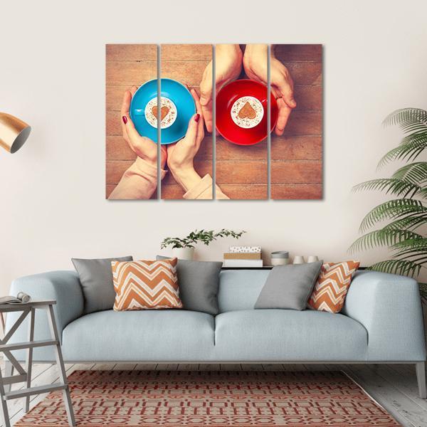Couple Holding Coffee Cups Canvas Wall Art-4 Horizontal-Gallery Wrap-34" x 24"-Tiaracle