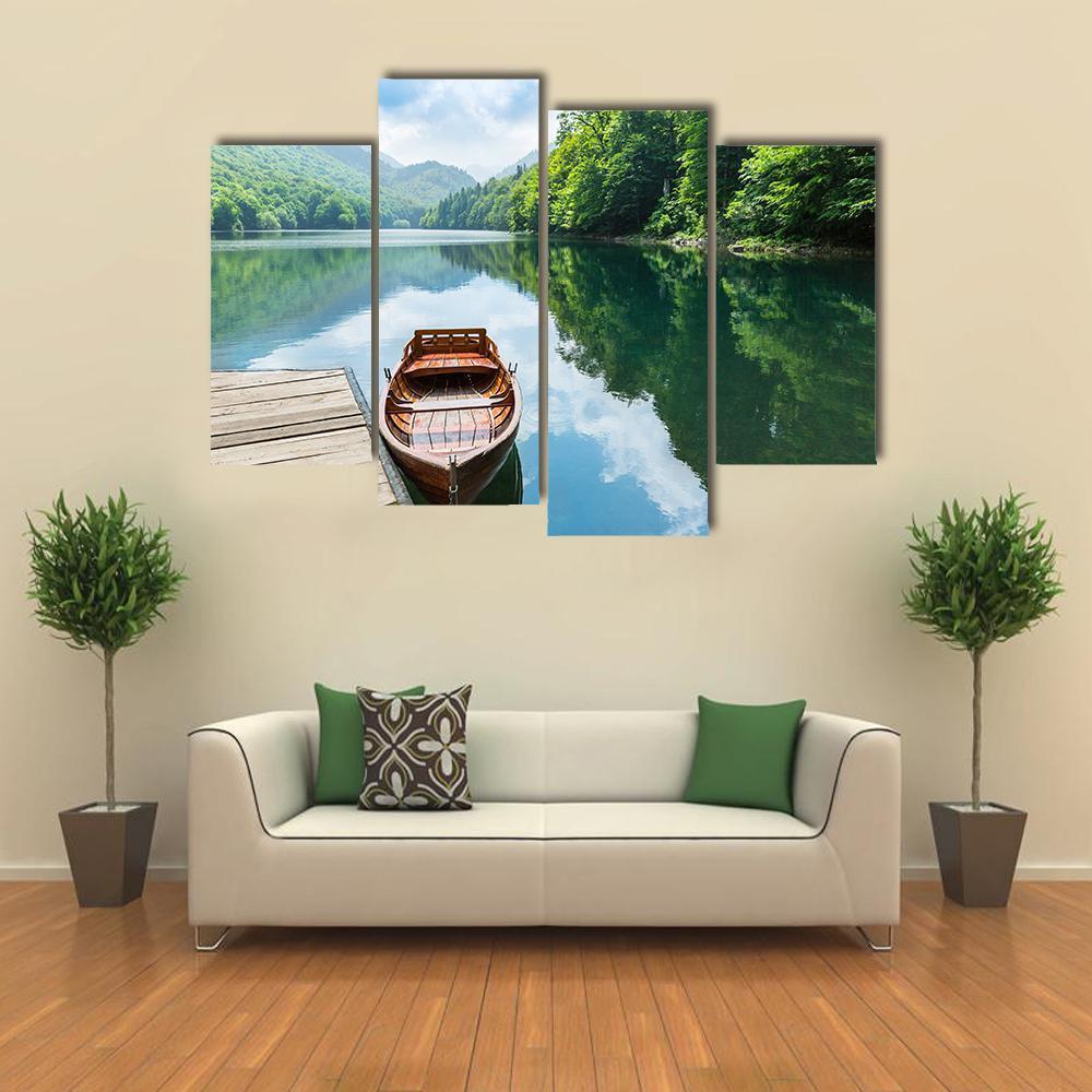 Wooden Boat At Pier On Mountain Lake Canvas Wall Art-4 Pop-Gallery Wrap-50" x 32"-Tiaracle