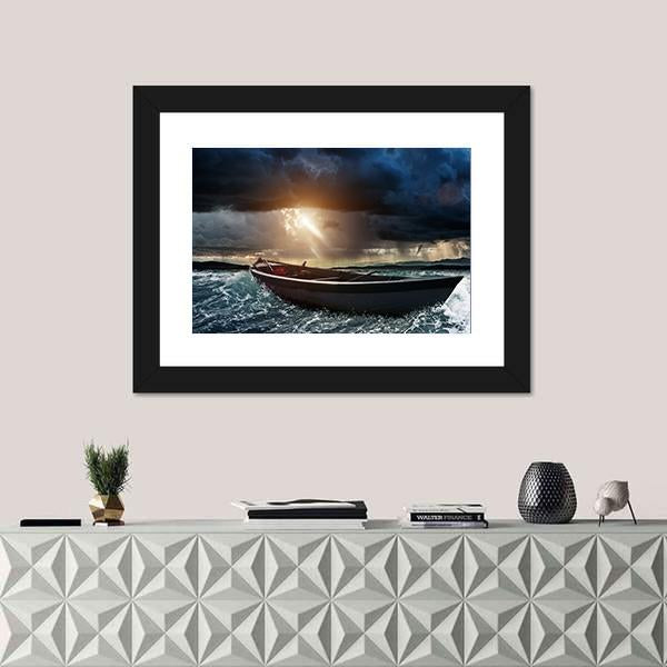 Wooden Boat In A Stormy Sea Canvas Wall Art-1 Piece-Framed Print-20" x 16"-Tiaracle