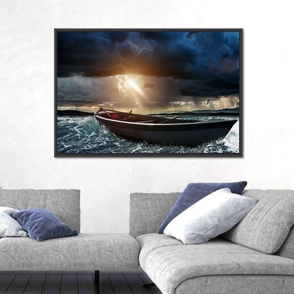 Wooden Boat In A Stormy Sea Canvas Wall Art-5 Horizontal-Gallery Wrap-22" x 12"-Tiaracle