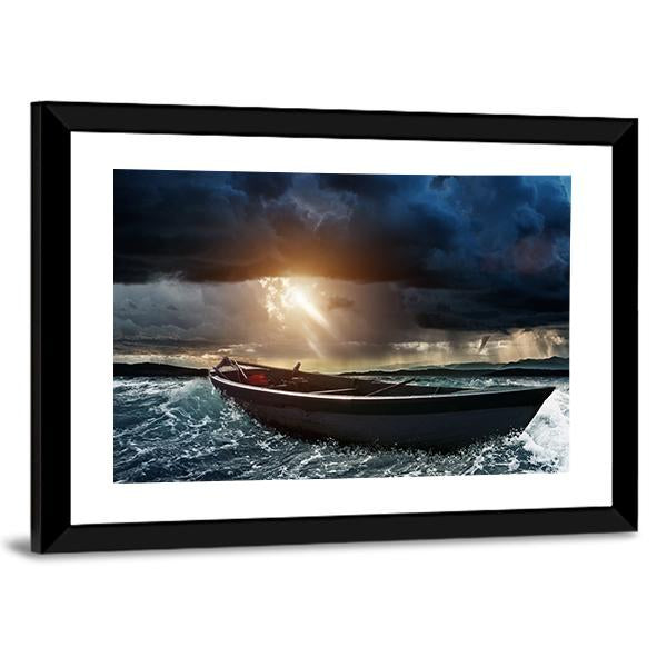 Wooden Boat In A Stormy Sea Canvas Wall Art-3 Horizontal-Gallery Wrap-25" x 16"-Tiaracle
