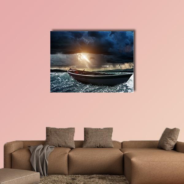 Wooden Boat In A Stormy Sea Canvas Wall Art-1 Piece-Gallery Wrap-48" x 32"-Tiaracle