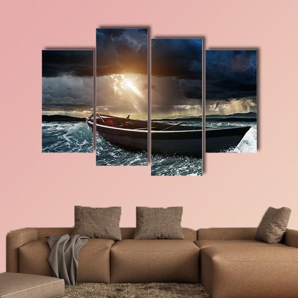 Wooden Boat In A Stormy Sea Canvas Wall Art-4 Pop-Gallery Wrap-50" x 32"-Tiaracle