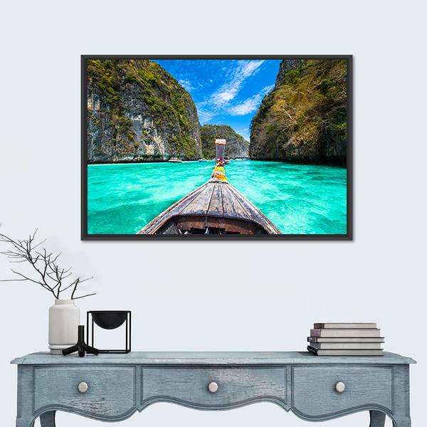 Wooden Boat on Koh Phi Phi Island Canvas Wall Art-1 Piece-Floating Frame-24" x 16"-Tiaracle