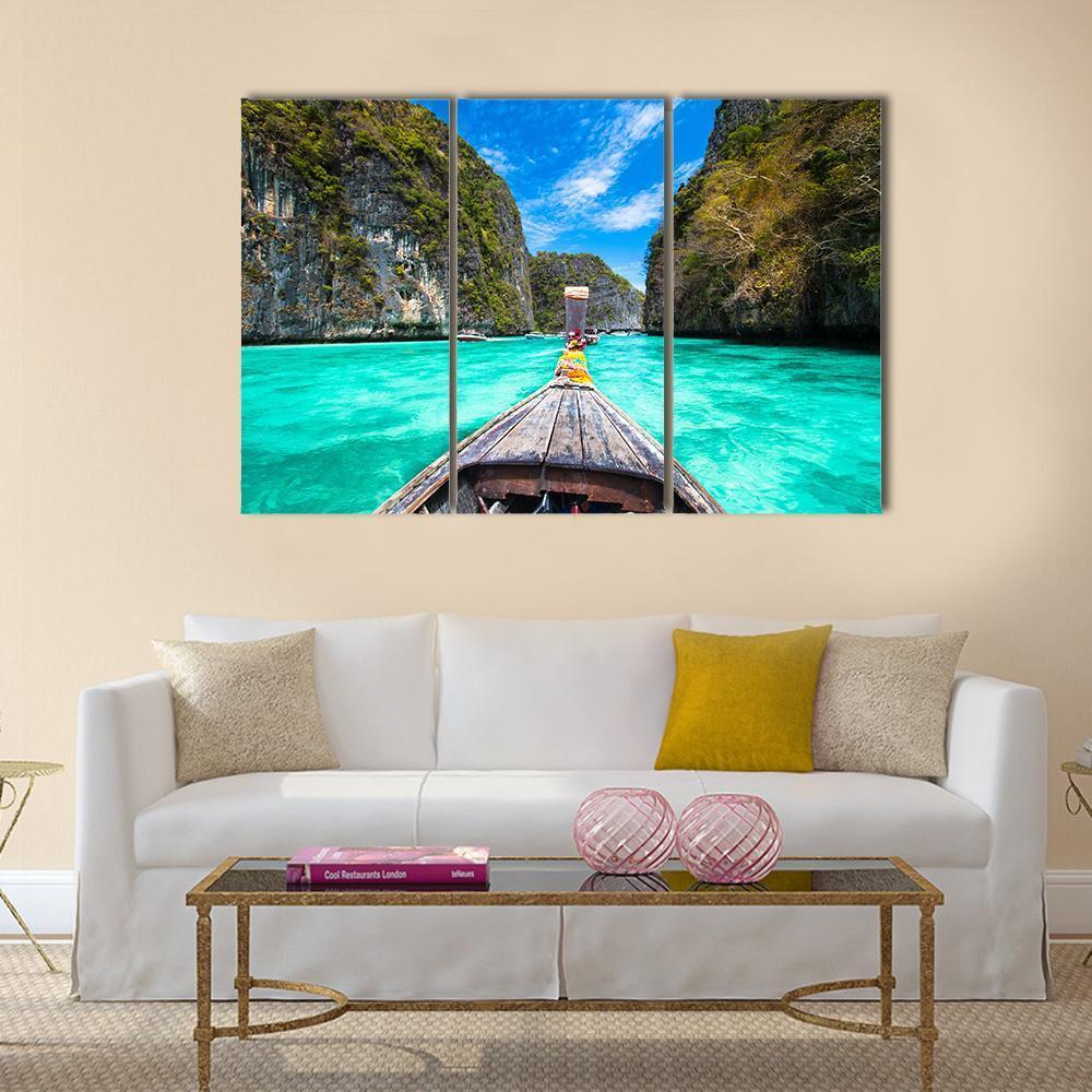 Wooden Boat on Koh Phi Phi Island Canvas Wall Art-3 Horizontal-Gallery Wrap-37" x 24"-Tiaracle