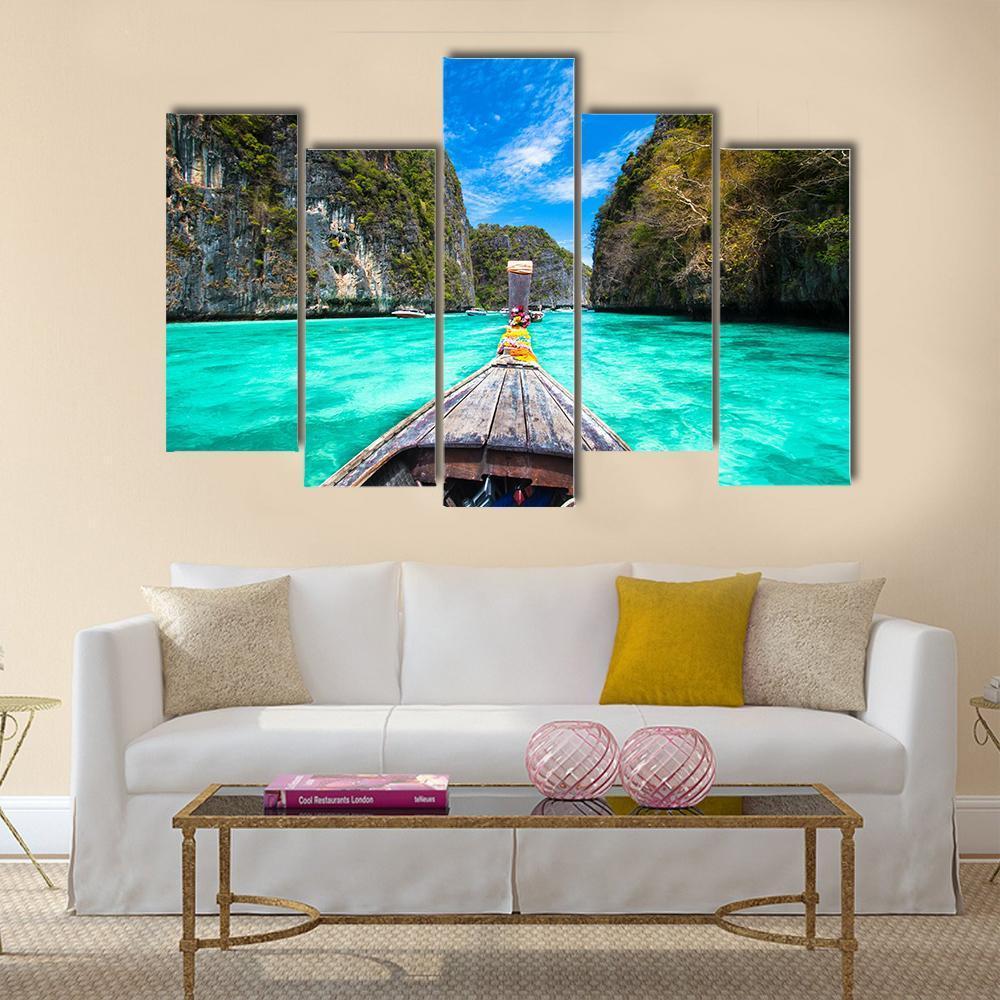 Wooden Boat on Koh Phi Phi Island Canvas Wall Art-5 Pop-Gallery Wrap-47" x 32"-Tiaracle