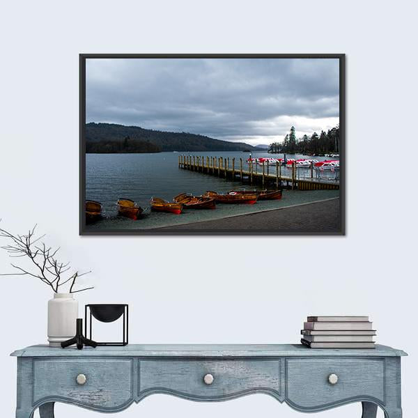 Wooden Boats In Lake District Canvas Wall Art-1 Piece-Floating Frame-24" x 16"-Tiaracle