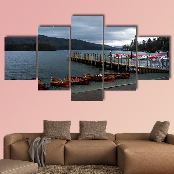 Wooden Boats In Lake District Canvas Wall Art-5 Star-Gallery Wrap-62" x 32"-Tiaracle