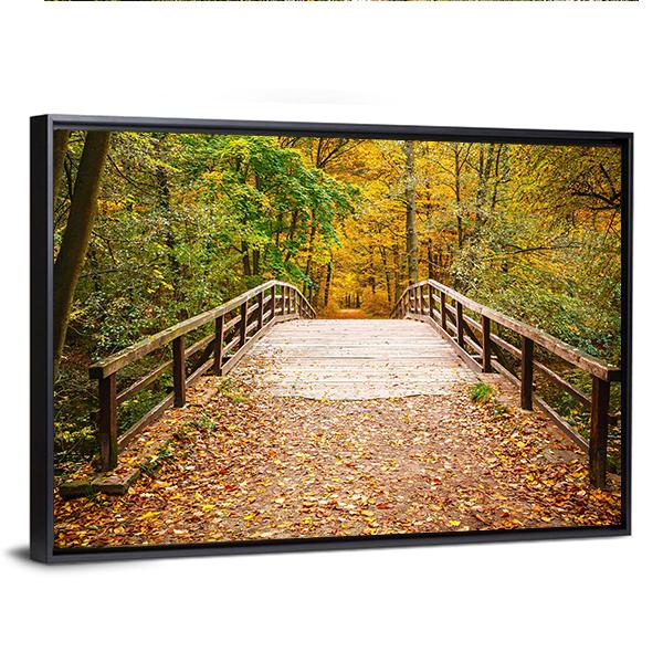 Wooden Bridge In The Autumn Forest Canvas Wall Art-3 Horizontal-Gallery Wrap-25" x 16"-Tiaracle