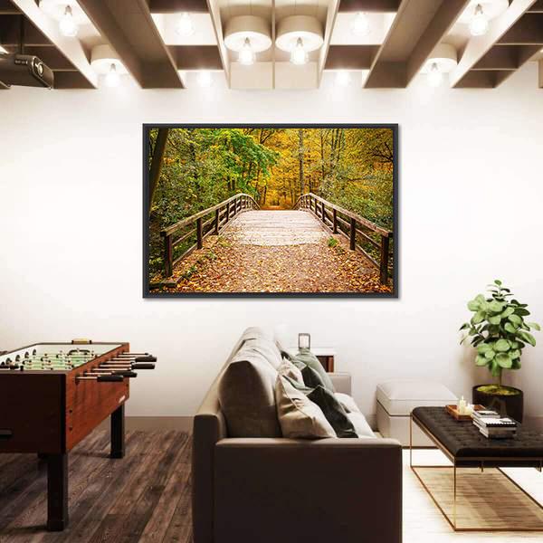 Wooden Bridge In The Autumn Forest Canvas Wall Art-3 Horizontal-Gallery Wrap-25" x 16"-Tiaracle