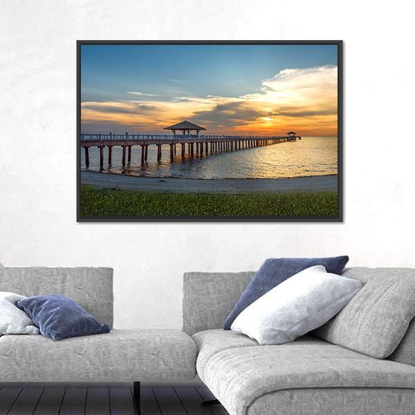 Wooden Bridge Laying To Sea At Sunset Panoramic Canvas Wall Art-1 Piece-36" x 12"-Tiaracle