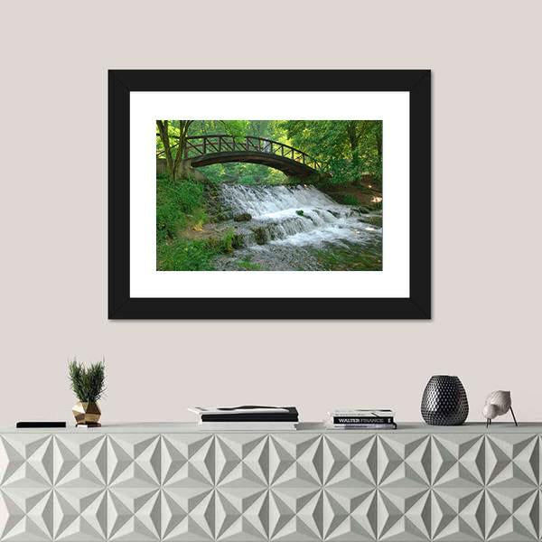 Wooden Bridge Over Small Waterfall Canvas Wall Art-1 Piece-Framed Print-30" x 20"-Tiaracle