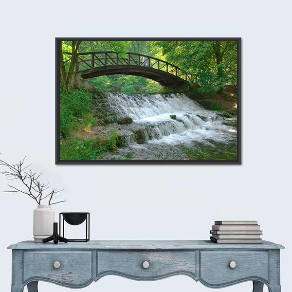 Wooden Bridge Over Small Waterfall Canvas Wall Art-1 Piece-Floating Frame-24" x 16"-Tiaracle