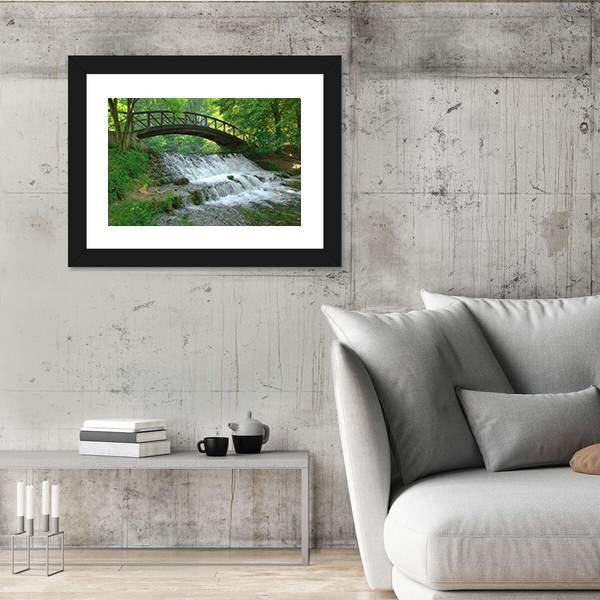 Wooden Bridge Over Small Waterfall Canvas Wall Art-3 Horizontal-Gallery Wrap-25" x 16"-Tiaracle