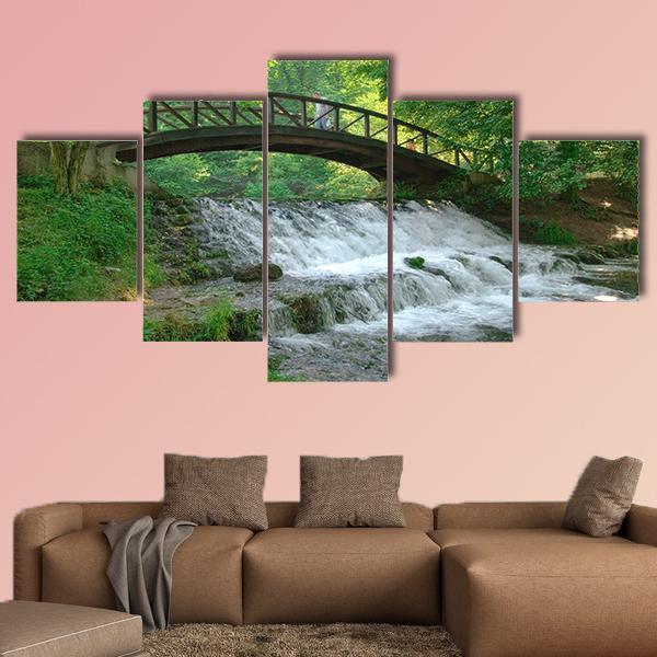 Wooden Bridge Over Small Waterfall Canvas Wall Art-5 Star-Gallery Wrap-62" x 32"-Tiaracle