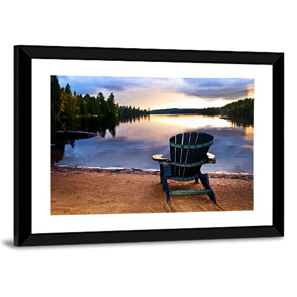 Wooden Chair On Beach Of Relaxing Lake Canvas Wall Art-3 Horizontal-Gallery Wrap-25" x 16"-Tiaracle