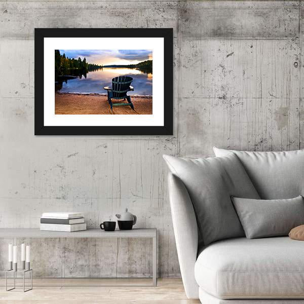 Wooden Chair On Beach Of Relaxing Lake Canvas Wall Art-3 Horizontal-Gallery Wrap-25" x 16"-Tiaracle