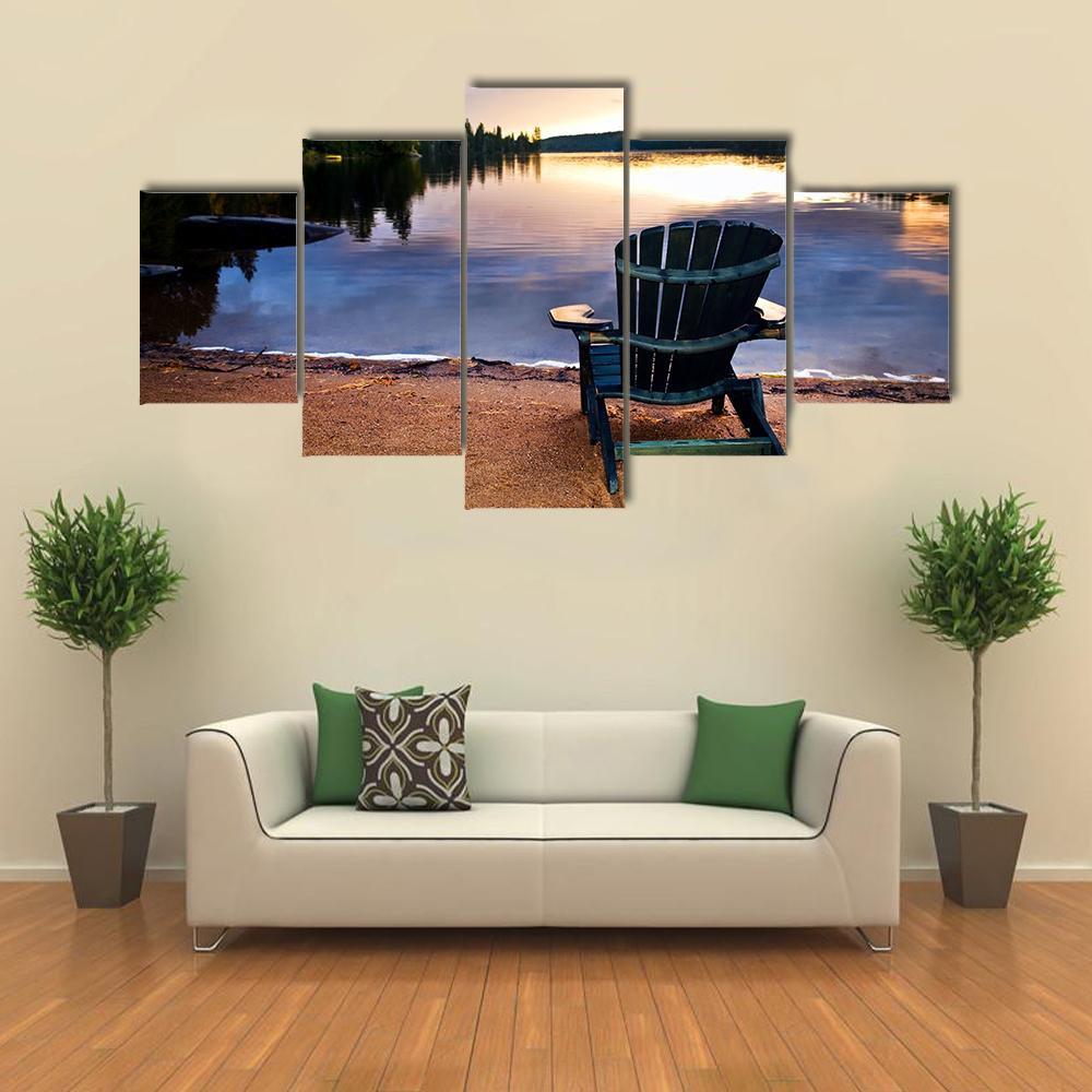 Wooden Chair On Beach Of Relaxing Lake Canvas Wall Art-5 Star-Gallery Wrap-62" x 32"-Tiaracle