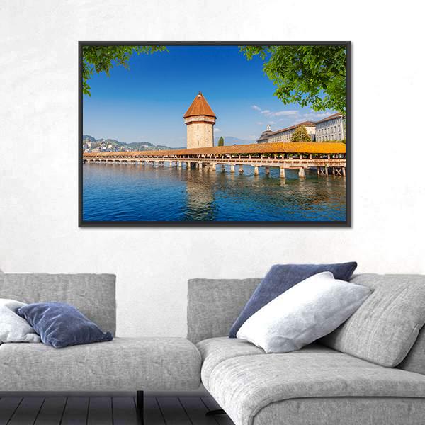 Wooden Chapel Bridge In Luzern Canvas Wall Art-5 Horizontal-Gallery Wrap-22" x 12"-Tiaracle