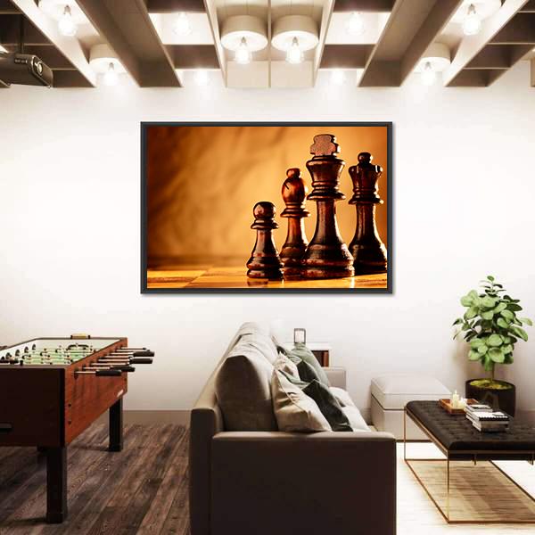 Wooden Chess Pieces Standing In A Line On A Chessboard Canvas Wall Art-5 Horizontal-Gallery Wrap-22" x 12"-Tiaracle