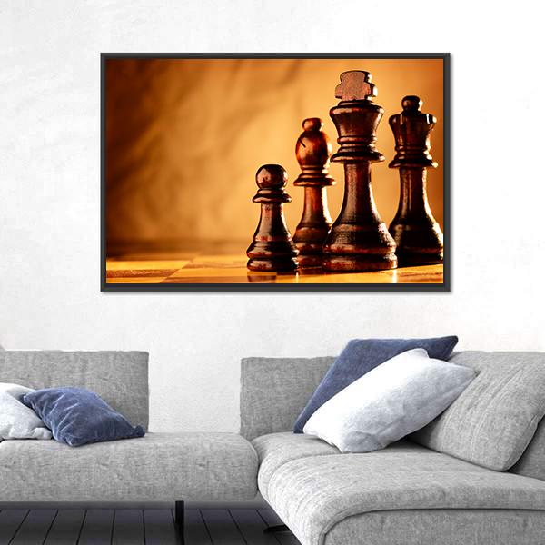 Wooden Chess Pieces Standing In A Line On A Chessboard Canvas Wall Art-5 Horizontal-Gallery Wrap-22" x 12"-Tiaracle