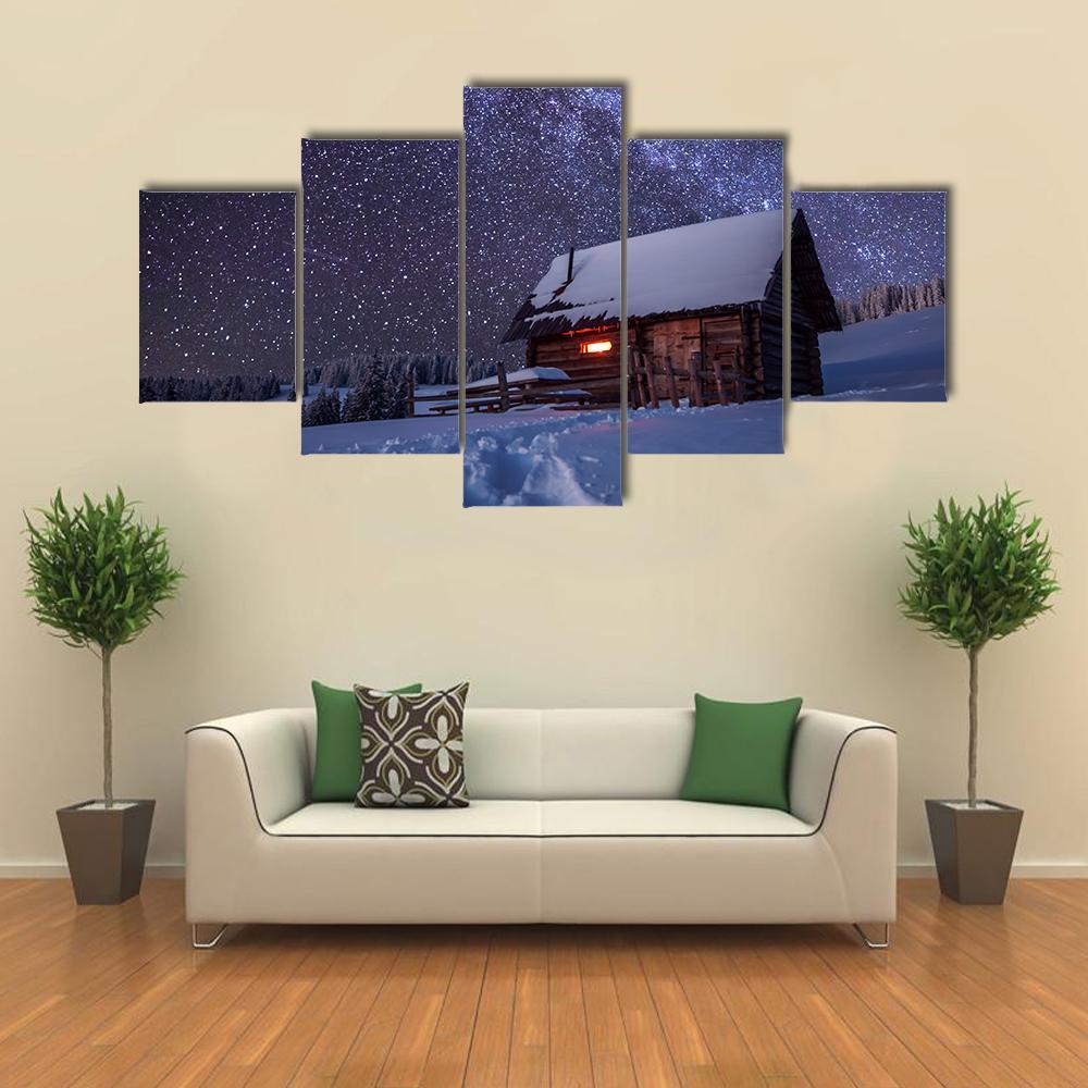 Wooden House In Winter Forest Canvas Wall Art-5 Star-Gallery Wrap-62" x 32"-Tiaracle