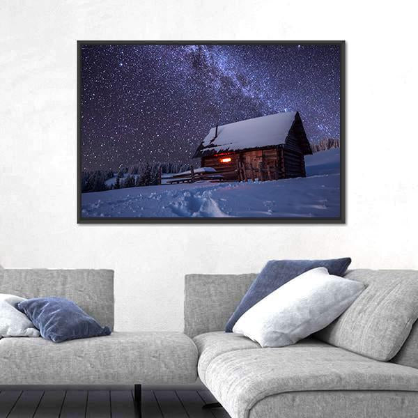 Wooden House In Winter Forest Panoramic Canvas Wall Art-1 Piece-36" x 12"-Tiaracle
