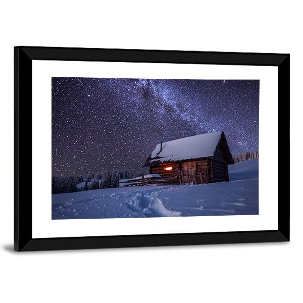 Wooden House In Winter Forest Panoramic Canvas Wall Art-1 Piece-36" x 12"-Tiaracle