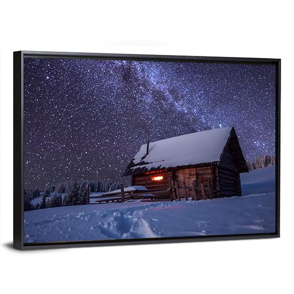 Wooden House In Winter Forest Panoramic Canvas Wall Art-1 Piece-36" x 12"-Tiaracle