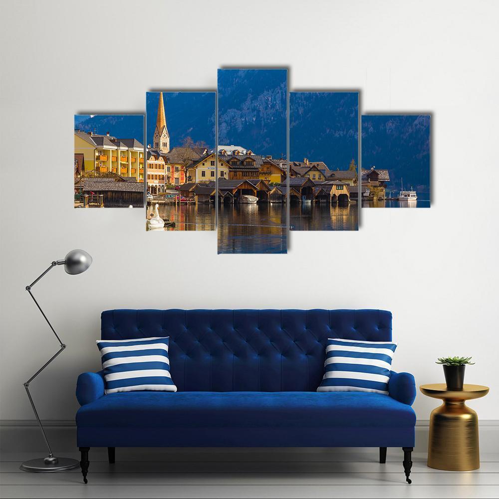 Wooden Houses Of Hallstatt Canvas Wall Art-5 Star-Gallery Wrap-62" x 32"-Tiaracle