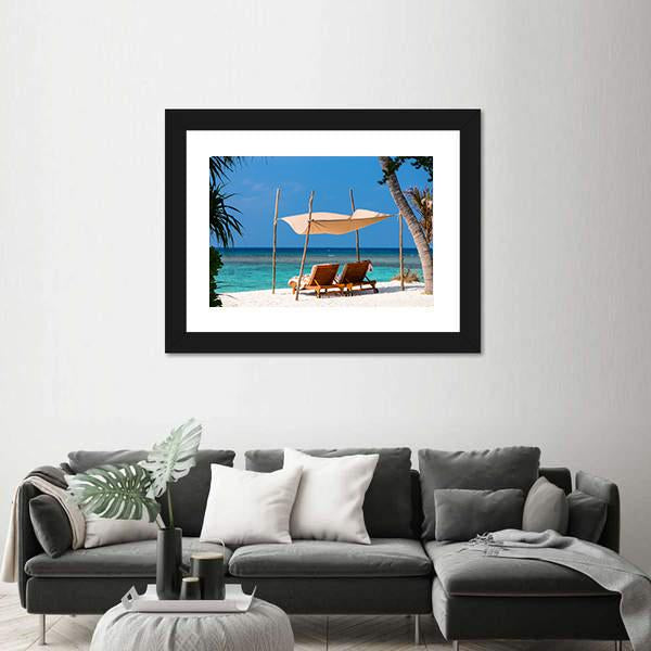 Wooden Lounge Chairs On A Tropical Beach Canvas Wall Art-5 Horizontal-Gallery Wrap-22" x 12"-Tiaracle