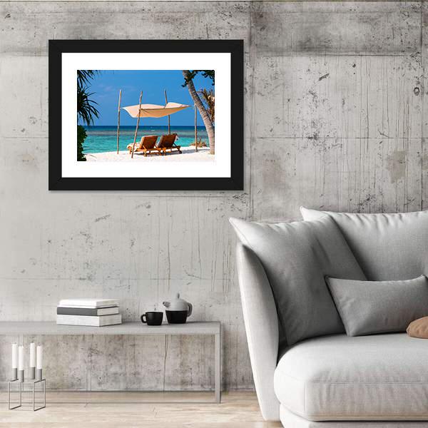 Wooden Lounge Chairs On A Tropical Beach Canvas Wall Art-5 Horizontal-Gallery Wrap-22" x 12"-Tiaracle