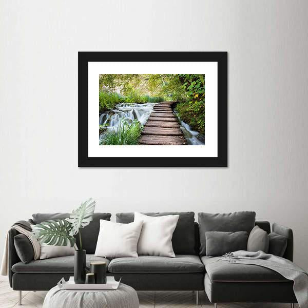 Wooden Path Along The Stream In Forest Canvas Wall Art-3 Horizontal-Gallery Wrap-25" x 16"-Tiaracle