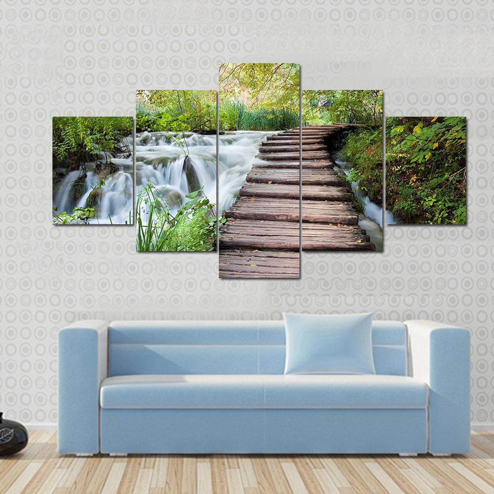 Wooden Path Along The Stream In Forest Canvas Wall Art-5 Star-Gallery Wrap-62" x 32"-Tiaracle