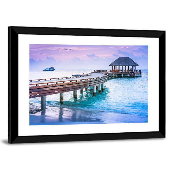 Wooden Pier And Blue Sea At Maldives Canvas Wall Art-3 Horizontal-Gallery Wrap-25" x 16"-Tiaracle
